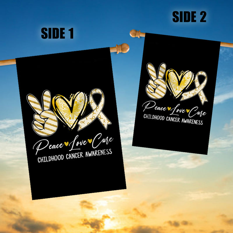 Peace Love Cure Gold Ribbon Childhood Cancer Awareness Flag House Flag mockup 3 800x.jpg