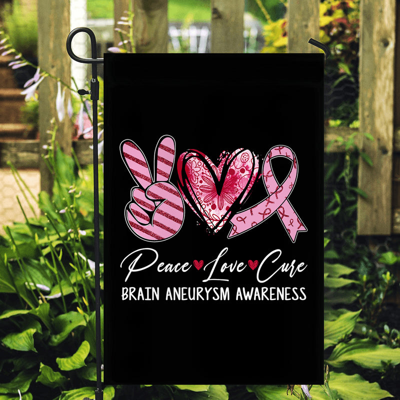 Peace Love Cure Burgundy Ribbon Brain Aneurysm Awareness Flag Garden Flag mockup 2 800x.jpg