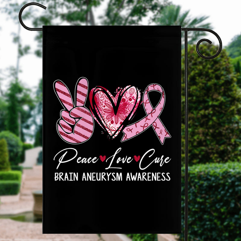 Peace Love Cure Burgundy Ribbon Brain Aneurysm Awareness Flag Garden Flag mockup 3 800x.jpg