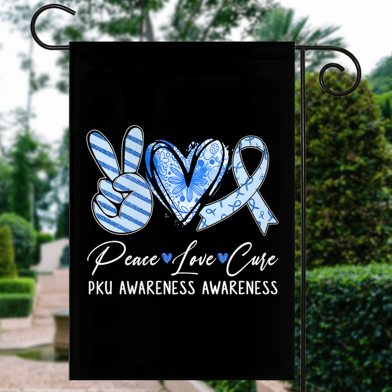 Peace Love Cure Blue Ribbon PKU Awareness Flag Garden Flag mockup 3 800x.jpg