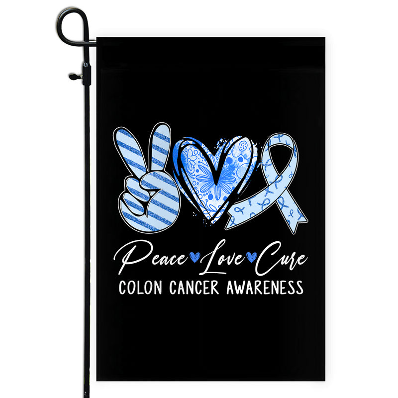 Peace Love Cure Blue Ribbon Colon Cancer Awareness Flag Garden Flag mockup 1 800x.jpg