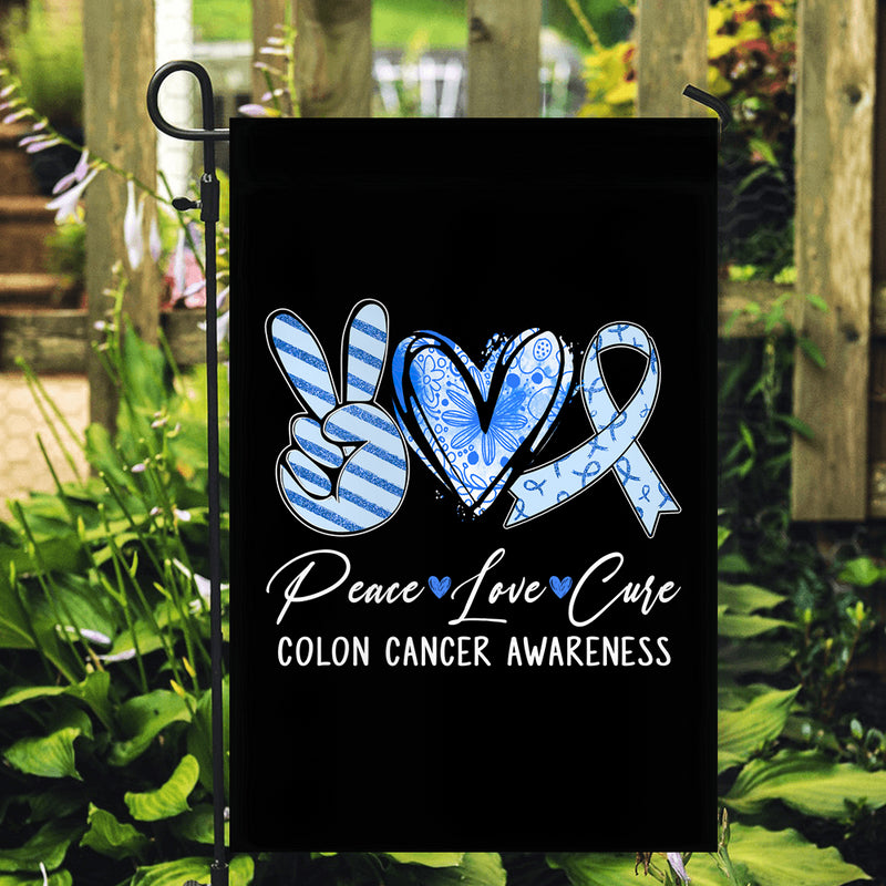 Peace Love Cure Blue Ribbon Colon Cancer Awareness Flag Garden Flag mockup 2 800x.jpg