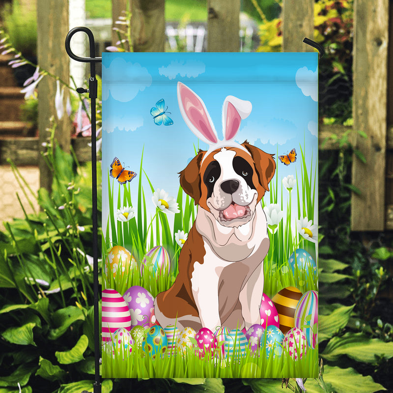 Saint Bernard Happy Easter Day Holiday Flag Funny Dog Dog Wear Bunny Ears Headband Cute for Home Decor Garden Flag mockup 2 800x.jpg