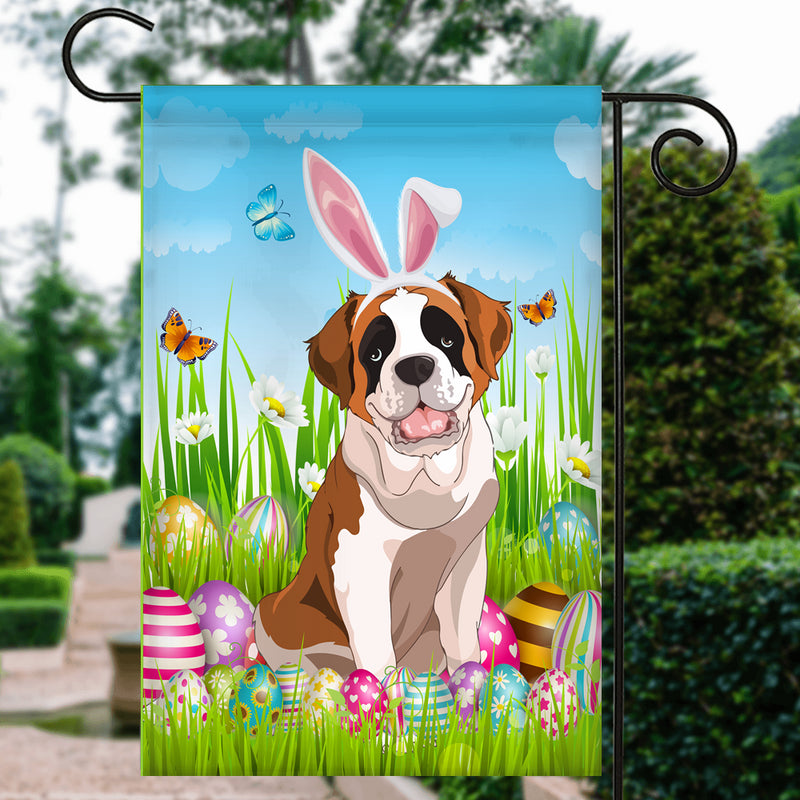 Saint Bernard Happy Easter Day Holiday Flag Funny Dog Dog Wear Bunny Ears Headband Cute for Home Decor Garden Flag mockup 3 800x.jpg
