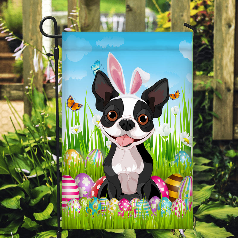 Boston Terrier Happy Easter Day Holiday Flag Funny Dog Dog Wear Bunny Ears Headband Cute for Home Decor Garden Flag mockup 2 800x.jpg
