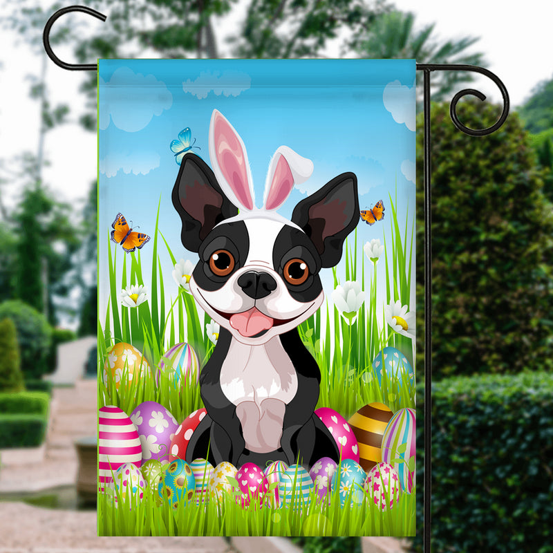 Boston Terrier Happy Easter Day Holiday Flag Funny Dog Dog Wear Bunny Ears Headband Cute for Home Decor Garden Flag mockup 3 800x.jpg