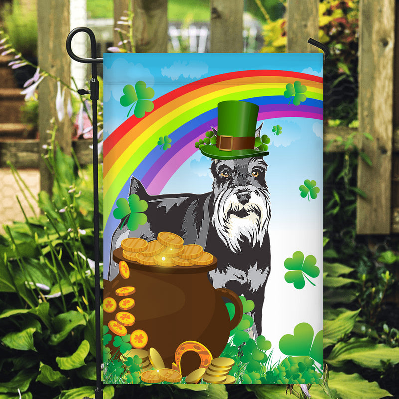Schnauzer St Patrick s Day Dog Flag Funny Peeking Dog Wear Green Hat Golden Pot Coin Shamrock Rainbow Spring Banner for Home Decor Garden Flag mockup 2 800x.jpg
