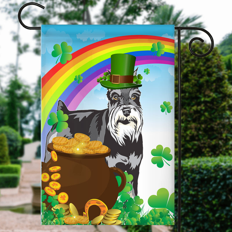 Schnauzer St Patrick s Day Dog Flag Funny Peeking Dog Wear Green Hat Golden Pot Coin Shamrock Rainbow Spring Banner for Home Decor Garden Flag mockup 3 800x.jpg
