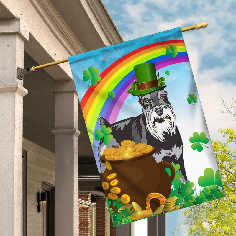 Schnauzer St Patrick s Day Dog Flag Funny Peeking Dog Wear Green Hat Golden Pot Coin Shamrock Rainbow Spring Banner for Home Decor House Flag mockup 2 800x.jpg