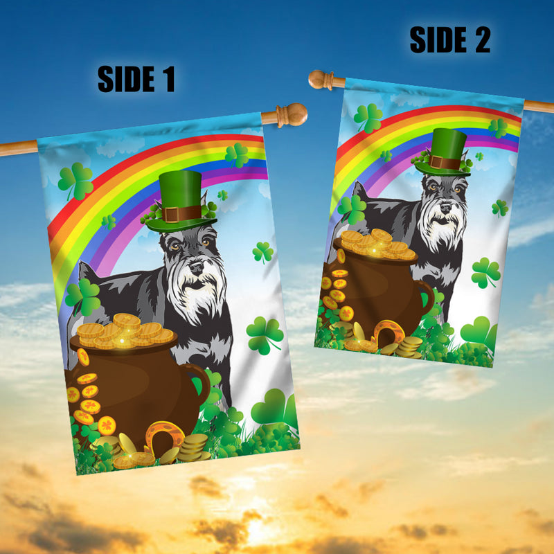 Schnauzer St Patrick s Day Dog Flag Funny Peeking Dog Wear Green Hat Golden Pot Coin Shamrock Rainbow Spring Banner for Home Decor House Flag mockup 3 800x.jpg
