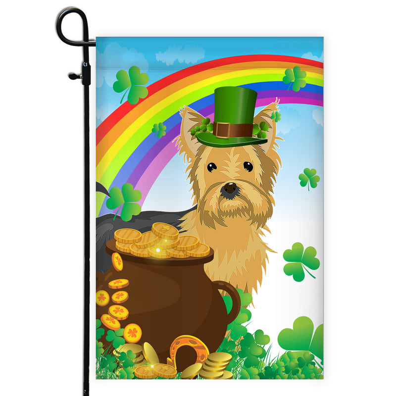 Yorkie St Patrick s Day Dog Flag Funny Peeking Dog Wear Green Hat Golden Pot Coin Shamrock Rainbow Spring Banner for Home Decor Garden Flag mockup 1 800x.jpg