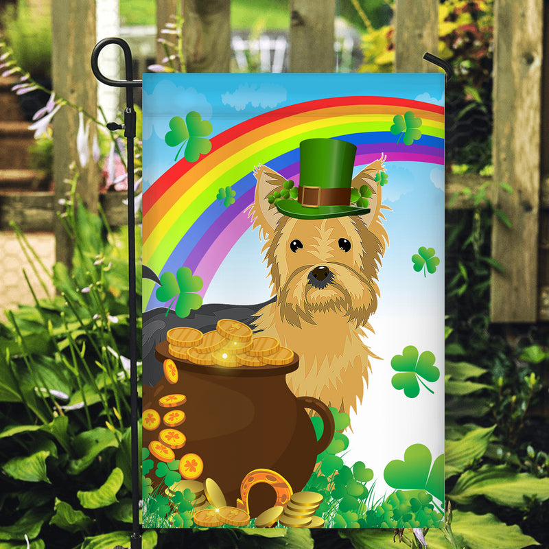 Yorkie St Patrick s Day Dog Flag Funny Peeking Dog Wear Green Hat Golden Pot Coin Shamrock Rainbow Spring Banner for Home Decor Garden Flag mockup 2 800x.jpg