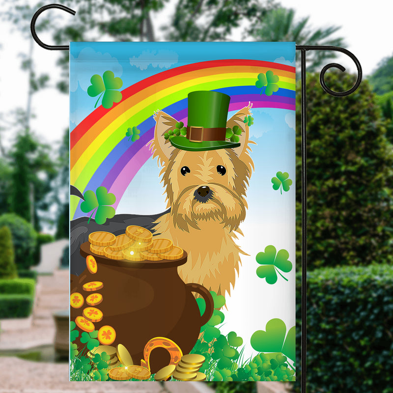 Yorkie St Patrick s Day Dog Flag Funny Peeking Dog Wear Green Hat Golden Pot Coin Shamrock Rainbow Spring Banner for Home Decor Garden Flag mockup 3 800x.jpg
