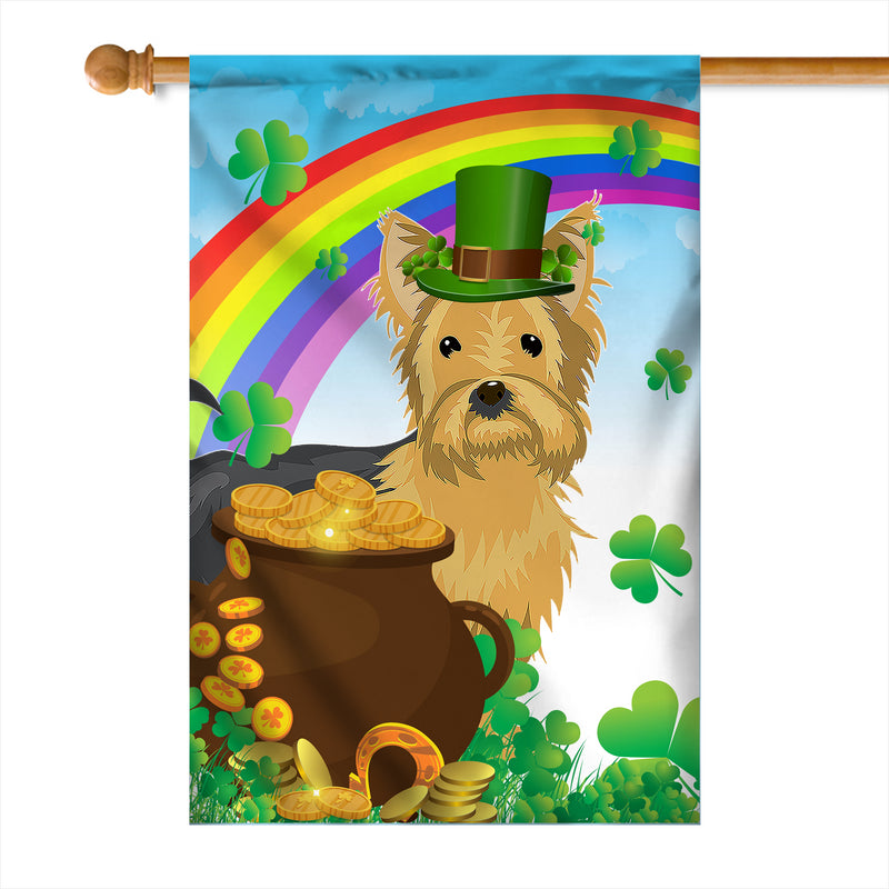 Yorkie St Patrick s Day Dog Flag Funny Peeking Dog Wear Green Hat Golden Pot Coin Shamrock Rainbow Spring Banner for Home Decor House Flag mockup 1 800x.jpg