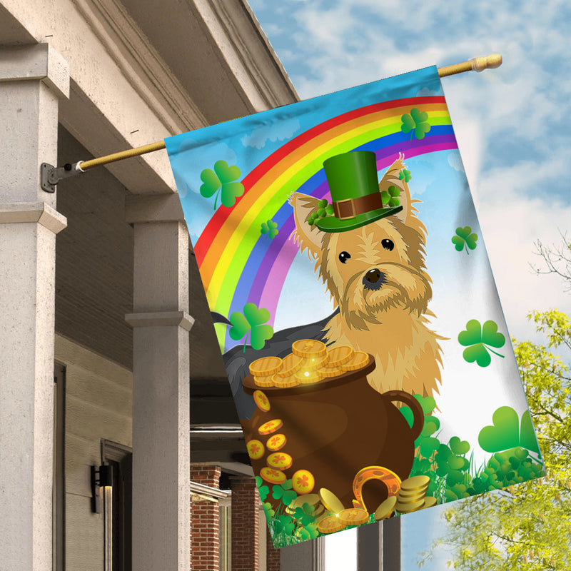 Yorkie St Patrick s Day Dog Flag Funny Peeking Dog Wear Green Hat Golden Pot Coin Shamrock Rainbow Spring Banner for Home Decor House Flag mockup 2 800x.jpg