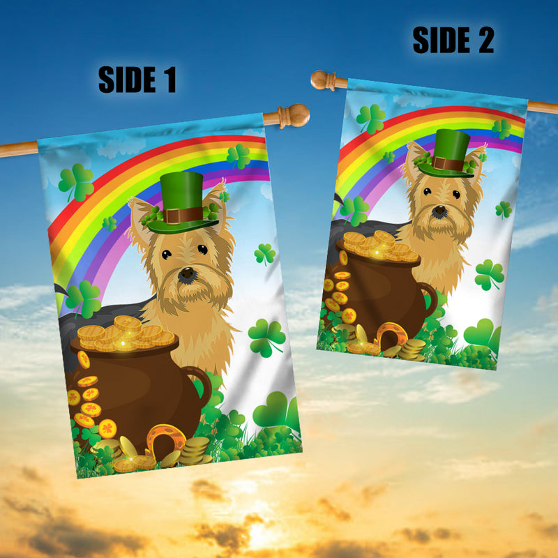 Yorkie St Patrick s Day Dog Flag Funny Peeking Dog Wear Green Hat Golden Pot Coin Shamrock Rainbow Spring Banner for Home Decor House Flag mockup 3 800x.jpg
