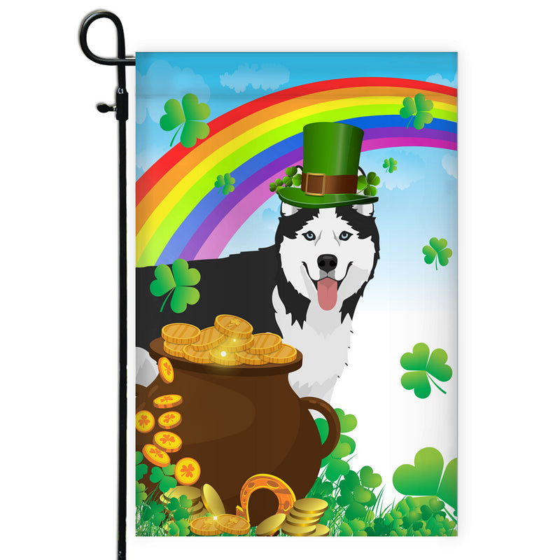 Siberian Husky St Patrick s Day Dog Flag Funny Peeking Dog Wear Green Hat Golden Pot Coin Shamrock Rainbow Spring Banner for Home Decor Garden Flag mockup 1 800x.jpg