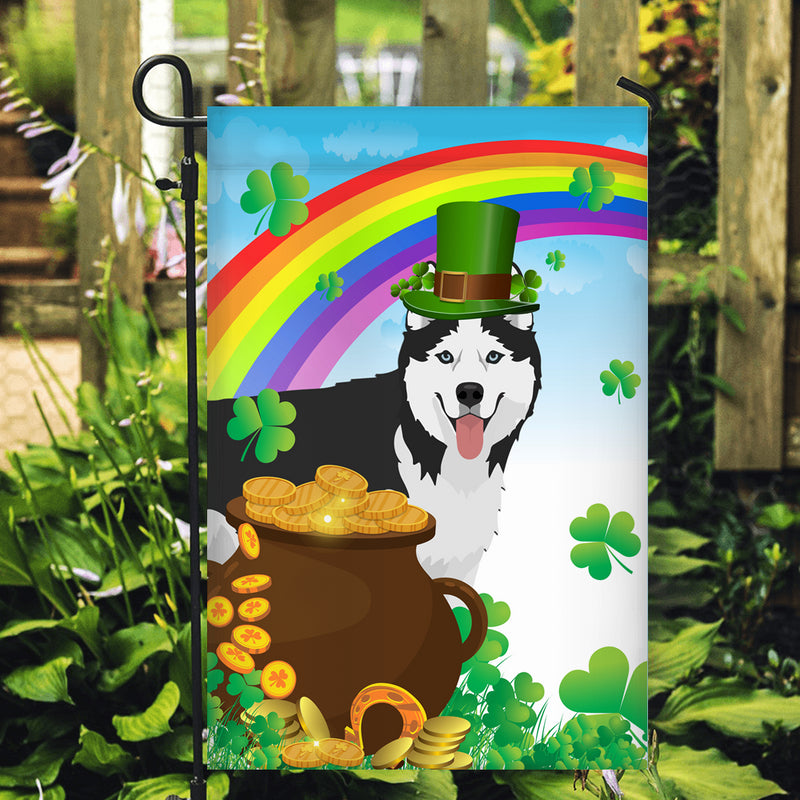 Siberian Husky St Patrick s Day Dog Flag Funny Peeking Dog Wear Green Hat Golden Pot Coin Shamrock Rainbow Spring Banner for Home Decor Garden Flag mockup 2 800x.jpg
