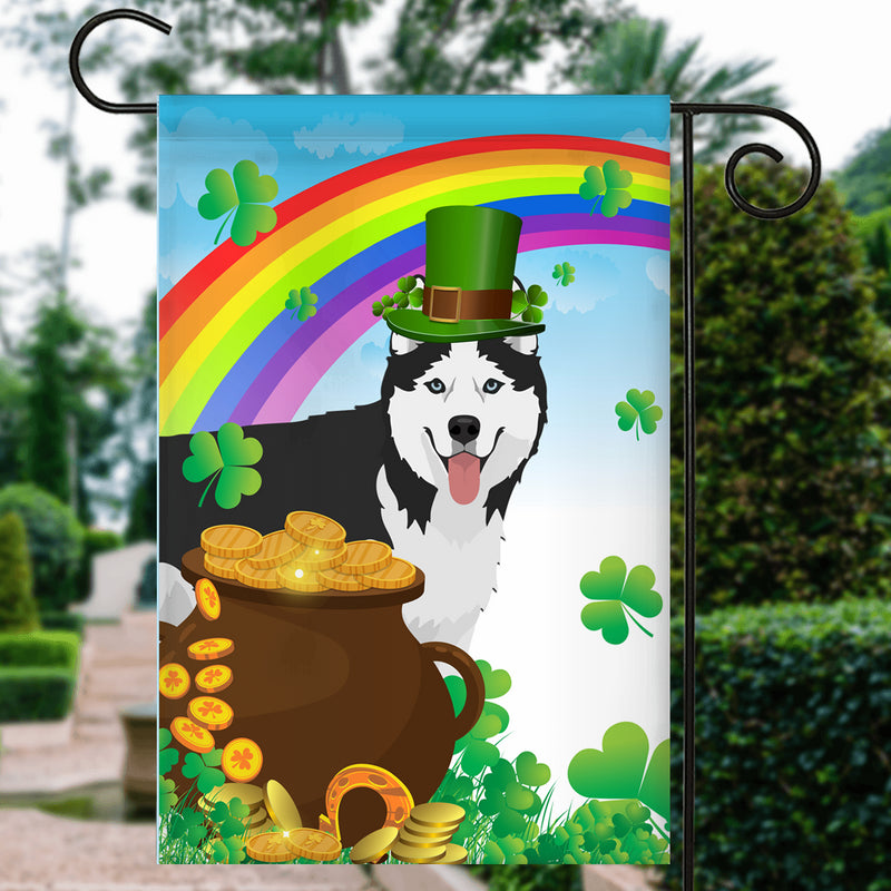 Siberian Husky St Patrick s Day Dog Flag Funny Peeking Dog Wear Green Hat Golden Pot Coin Shamrock Rainbow Spring Banner for Home Decor Garden Flag mockup 3 800x.jpg