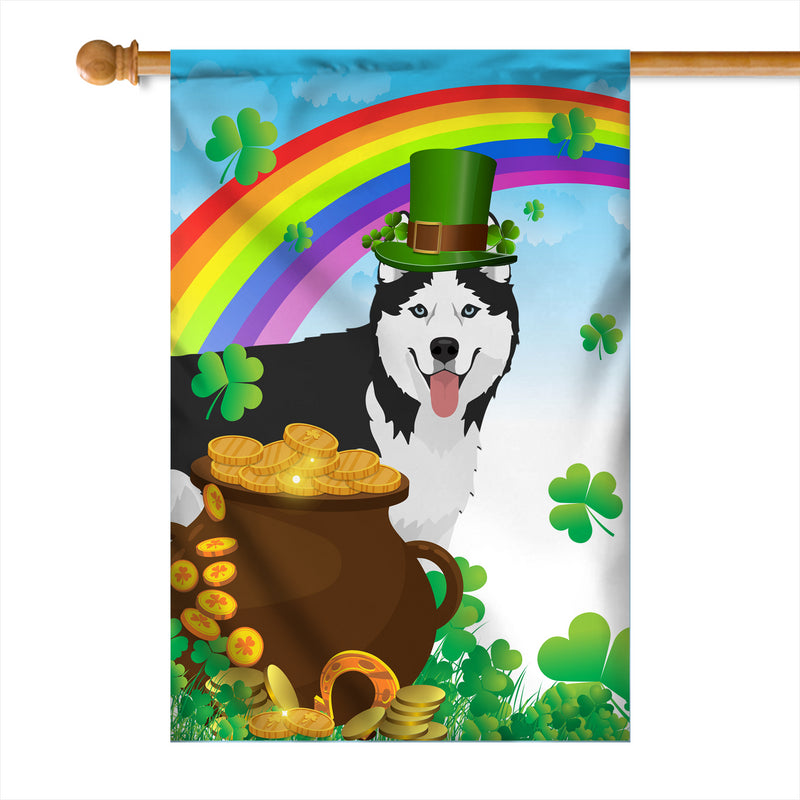 Siberian Husky St Patrick s Day Dog Flag Funny Peeking Dog Wear Green Hat Golden Pot Coin Shamrock Rainbow Spring Banner for Home Decor House Flag mockup 1 800x.jpg