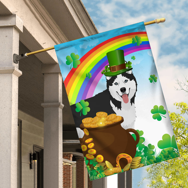 Siberian Husky St Patrick s Day Dog Flag Funny Peeking Dog Wear Green Hat Golden Pot Coin Shamrock Rainbow Spring Banner for Home Decor House Flag mockup 2 800x.jpg