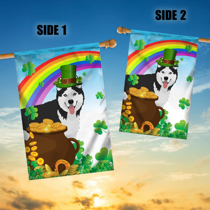 Siberian Husky St Patrick s Day Dog Flag Funny Peeking Dog Wear Green Hat Golden Pot Coin Shamrock Rainbow Spring Banner for Home Decor House Flag mockup 3 800x.jpg