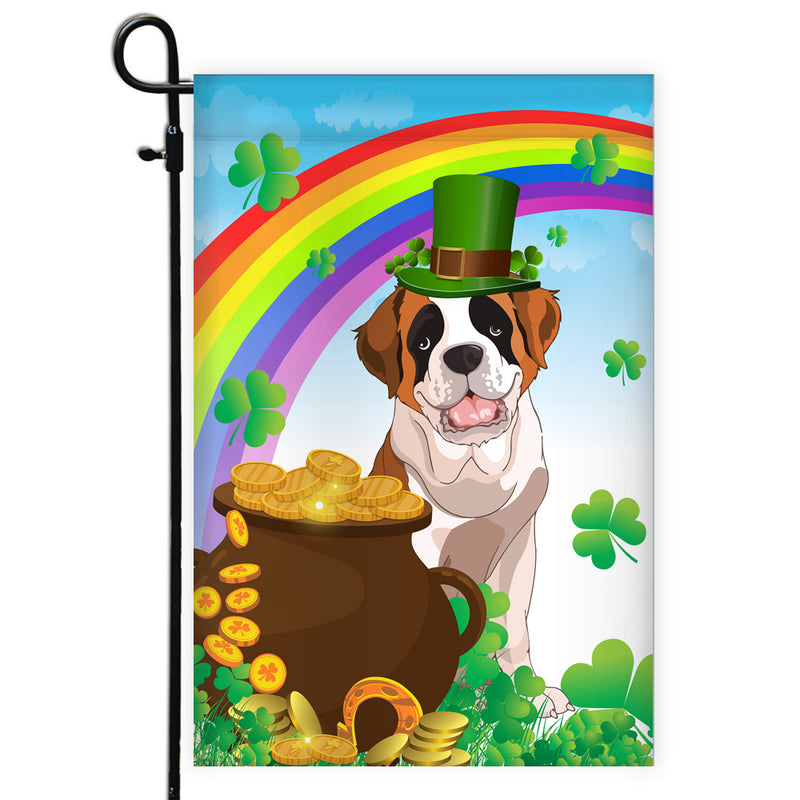 Saint Bernard St Patrick s Day Dog Flag Funny Peeking Dog Wear Green Hat Golden Pot Coin Shamrock Rainbow Spring Banner for Home Decor Garden Flag mockup 1 800x.jpg