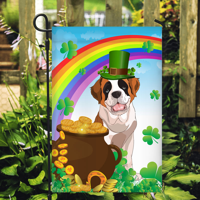 Saint Bernard St Patrick s Day Dog Flag Funny Peeking Dog Wear Green Hat Golden Pot Coin Shamrock Rainbow Spring Banner for Home Decor Garden Flag mockup 2 800x.jpg