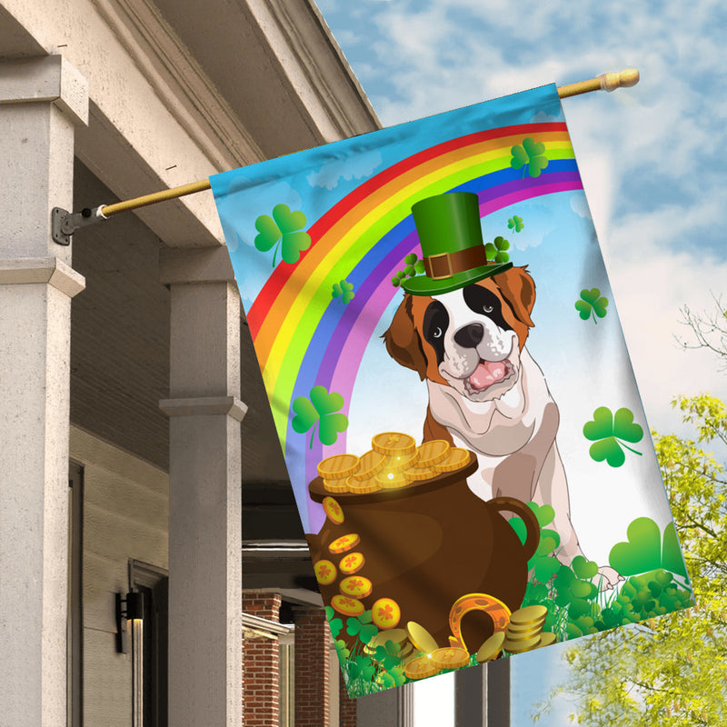Saint Bernard St Patrick s Day Dog Flag Funny Peeking Dog Wear Green Hat Golden Pot Coin Shamrock Rainbow Spring Banner for Home Decor House Flag mockup 2 800x.jpg