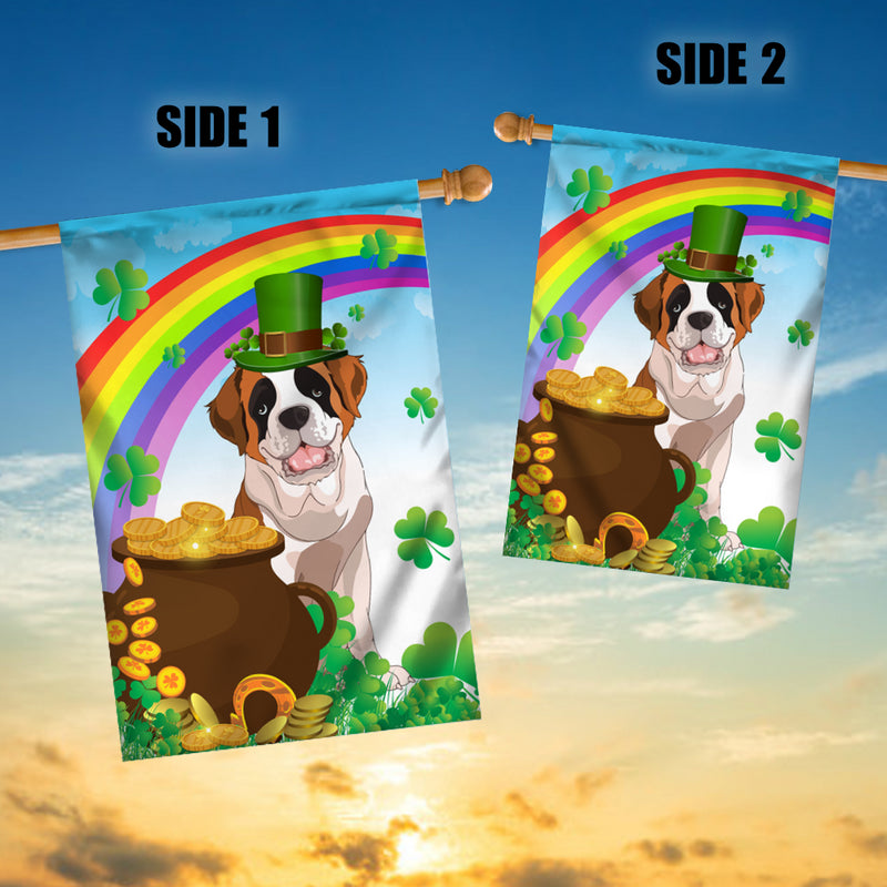 Saint Bernard St Patrick s Day Dog Flag Funny Peeking Dog Wear Green Hat Golden Pot Coin Shamrock Rainbow Spring Banner for Home Decor House Flag mockup 3 800x.jpg