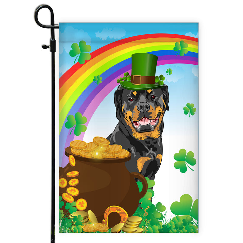 Rottweiler St Patrick s Day Dog Flag Funny Peeking Dog Wear Green Hat Golden Pot Coin Shamrock Rainbow Spring Banner for Home Decor Garden Flag mockup 1 800x.jpg