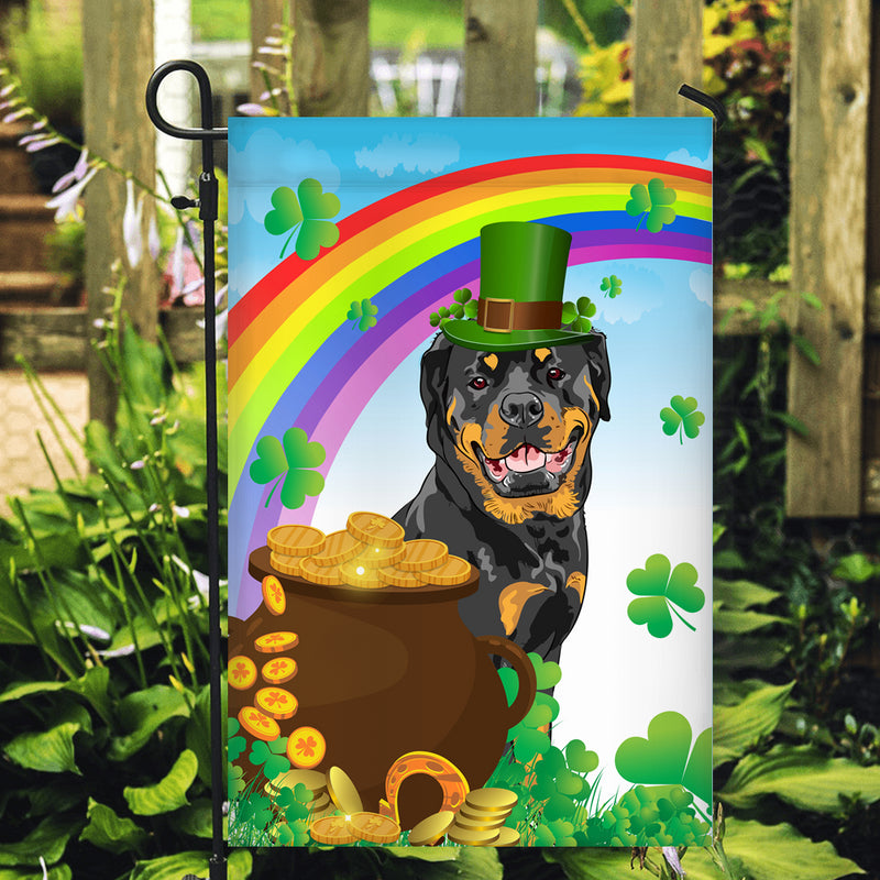 Rottweiler St Patrick s Day Dog Flag Funny Peeking Dog Wear Green Hat Golden Pot Coin Shamrock Rainbow Spring Banner for Home Decor Garden Flag mockup 2 800x.jpg