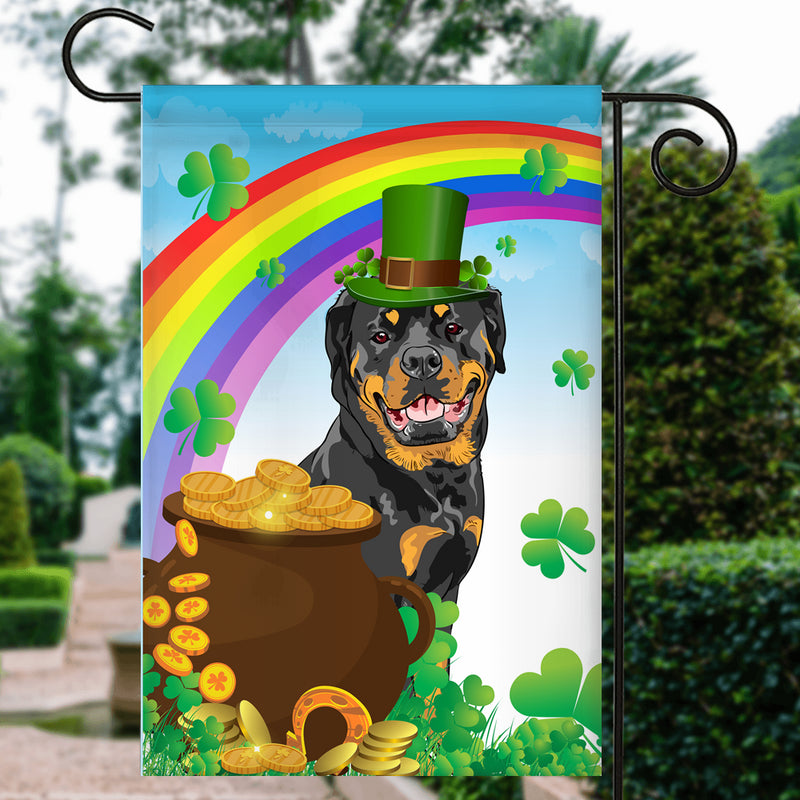 Rottweiler St Patrick s Day Dog Flag Funny Peeking Dog Wear Green Hat Golden Pot Coin Shamrock Rainbow Spring Banner for Home Decor Garden Flag mockup 3 800x.jpg