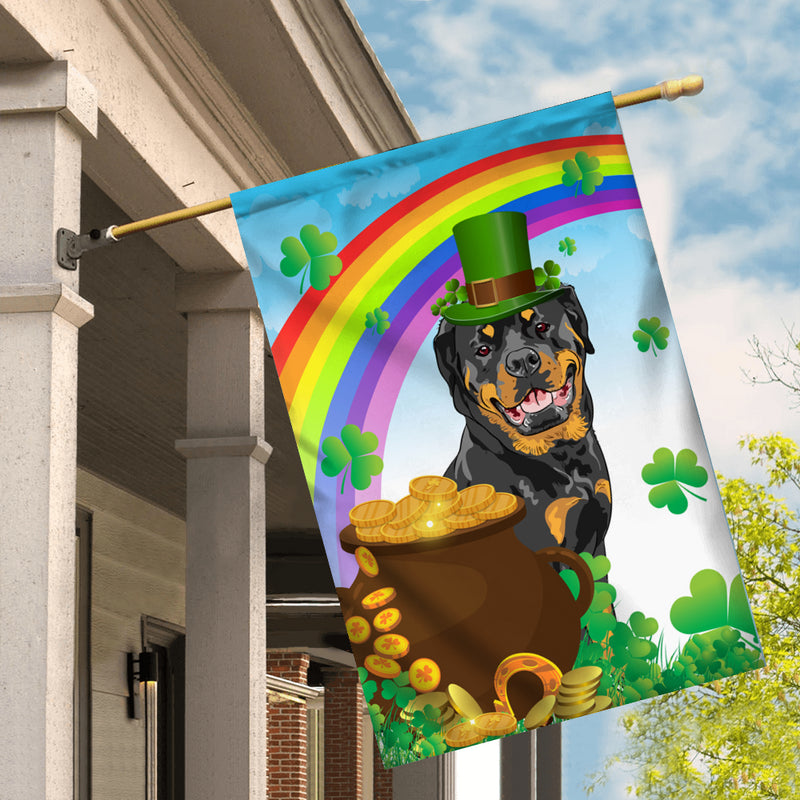 Rottweiler St Patrick s Day Dog Flag Funny Peeking Dog Wear Green Hat Golden Pot Coin Shamrock Rainbow Spring Banner for Home Decor House Flag mockup 2 800x.jpg