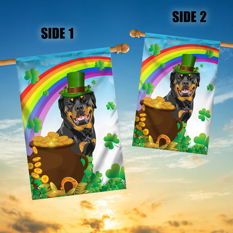 Rottweiler St Patrick s Day Dog Flag Funny Peeking Dog Wear Green Hat Golden Pot Coin Shamrock Rainbow Spring Banner for Home Decor House Flag mockup 3 800x.jpg