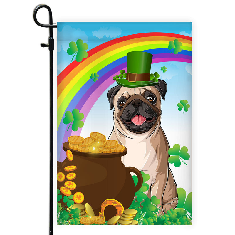 Pug St Patrick s Day Dog Flag Funny Peeking Dog Wear Green Hat Golden Pot Coin Shamrock Rainbow Spring Banner for Home Decor Garden Flag mockup 1 800x.jpg