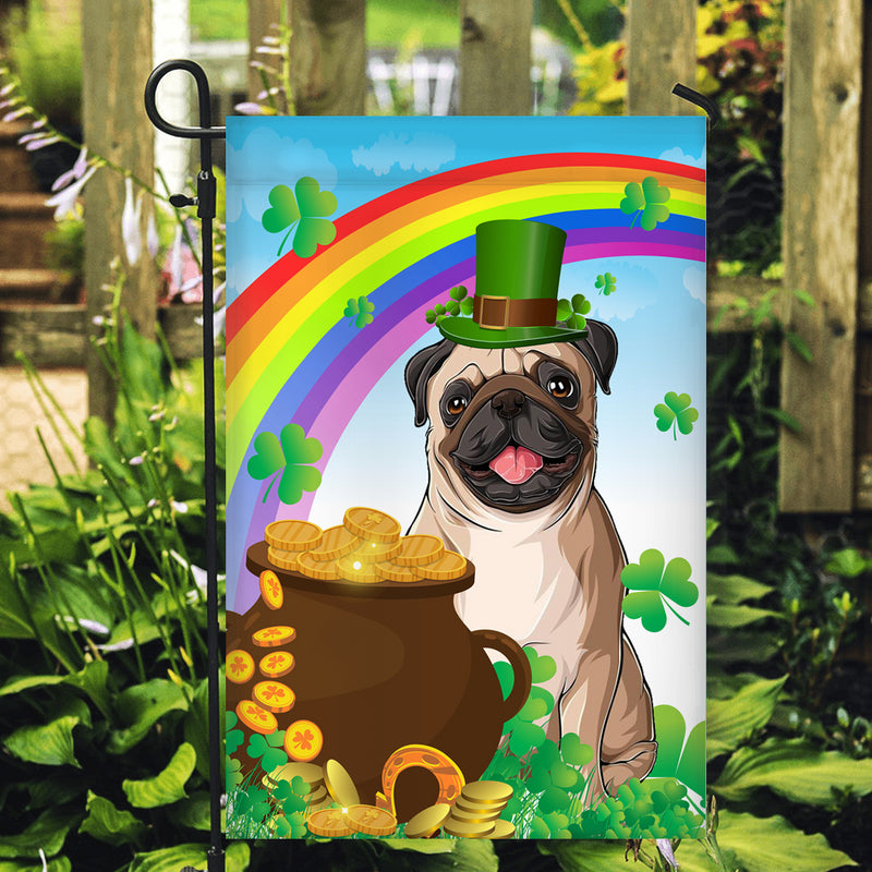 Pug St Patrick s Day Dog Flag Funny Peeking Dog Wear Green Hat Golden Pot Coin Shamrock Rainbow Spring Banner for Home Decor Garden Flag mockup 2 800x.jpg