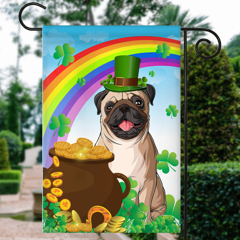 Pug St Patrick s Day Dog Flag Funny Peeking Dog Wear Green Hat Golden Pot Coin Shamrock Rainbow Spring Banner for Home Decor Garden Flag mockup 3 800x.jpg