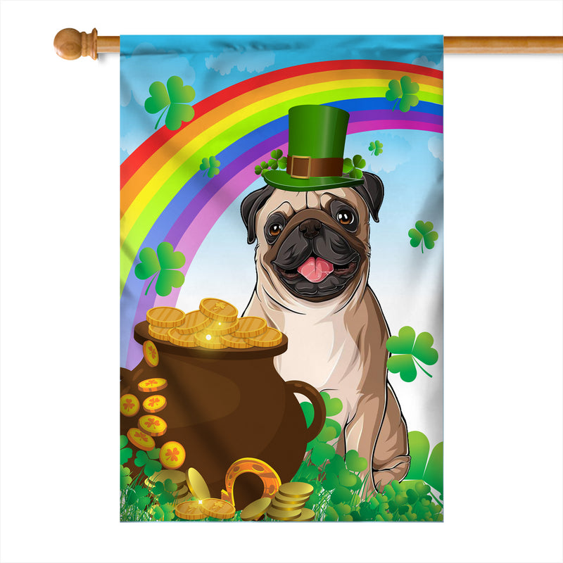 Pug St Patrick s Day Dog Flag Funny Peeking Dog Wear Green Hat Golden Pot Coin Shamrock Rainbow Spring Banner for Home Decor House Flag mockup 1 800x.jpg