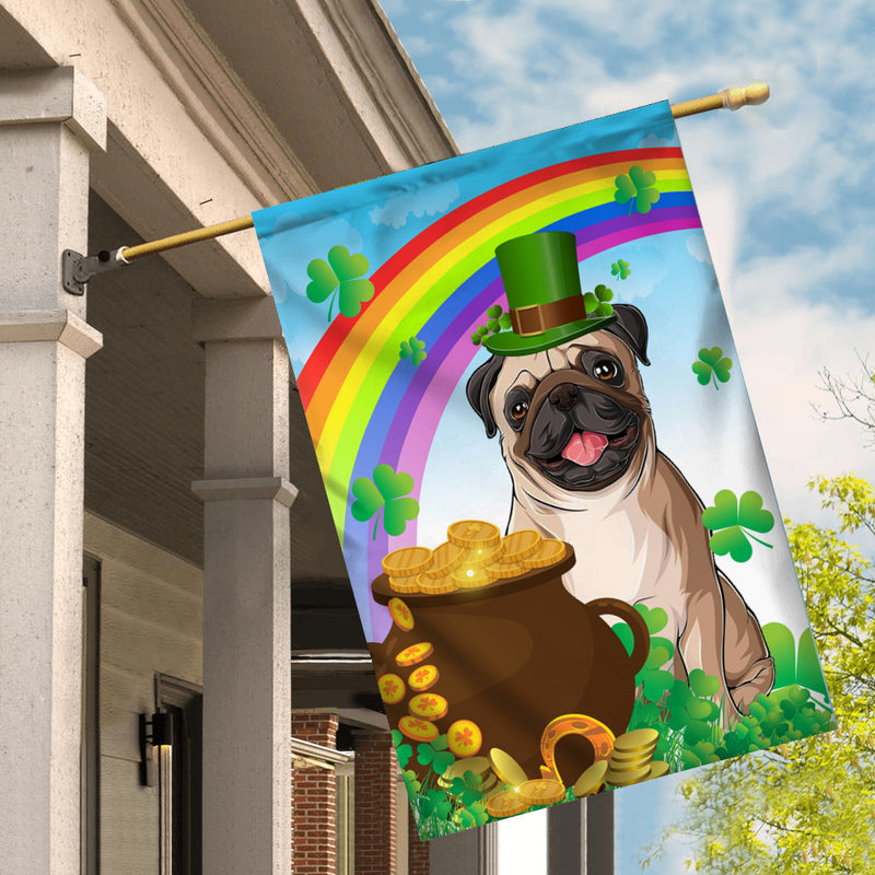 Pug St Patrick s Day Dog Flag Funny Peeking Dog Wear Green Hat Golden Pot Coin Shamrock Rainbow Spring Banner for Home Decor House Flag mockup 2 800x.jpg