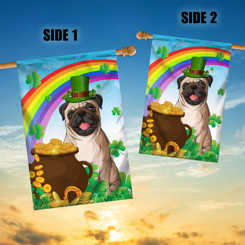 Pug St Patrick s Day Dog Flag Funny Peeking Dog Wear Green Hat Golden Pot Coin Shamrock Rainbow Spring Banner for Home Decor House Flag mockup 3 800x.jpg