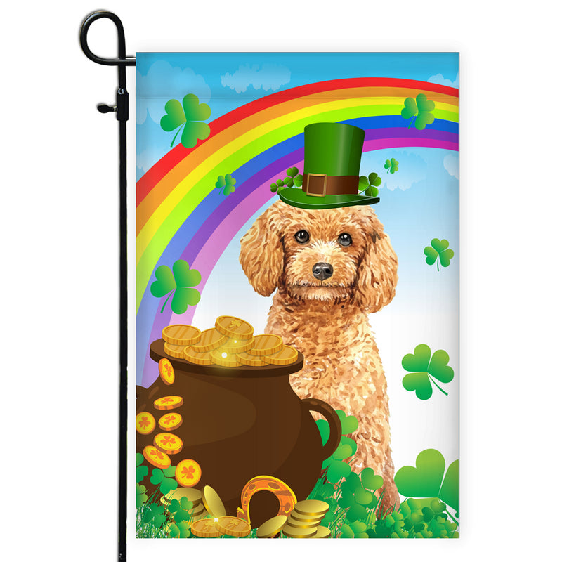 Poodle St Patrick s Day Dog Flag Funny Peeking Dog Wear Green Hat Golden Pot Coin Shamrock Rainbow Spring Banner for Home Decor Garden Flag mockup 1 800x.jpg