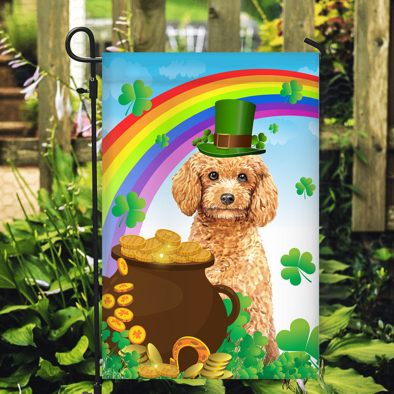 Poodle St Patrick s Day Dog Flag Funny Peeking Dog Wear Green Hat Golden Pot Coin Shamrock Rainbow Spring Banner for Home Decor Garden Flag mockup 2 800x.jpg