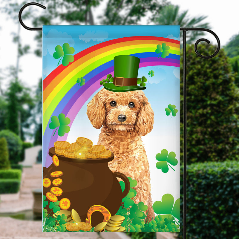 Poodle St Patrick s Day Dog Flag Funny Peeking Dog Wear Green Hat Golden Pot Coin Shamrock Rainbow Spring Banner for Home Decor Garden Flag mockup 3 800x.jpg