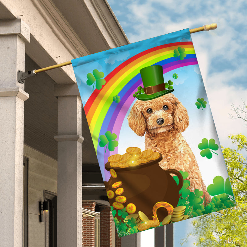 Poodle St Patrick s Day Dog Flag Funny Peeking Dog Wear Green Hat Golden Pot Coin Shamrock Rainbow Spring Banner for Home Decor House Flag mockup 2 800x.jpg