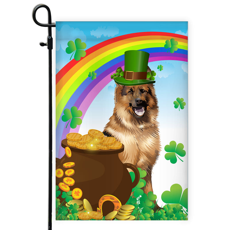 German Shepherd St Patrick s Day Dog Flag Funny Peeking Dog Wear Green Hat Golden Pot Coin Shamrock Rainbow Spring Banner for Home Decor Garden Flag mockup 1 800x.jpg