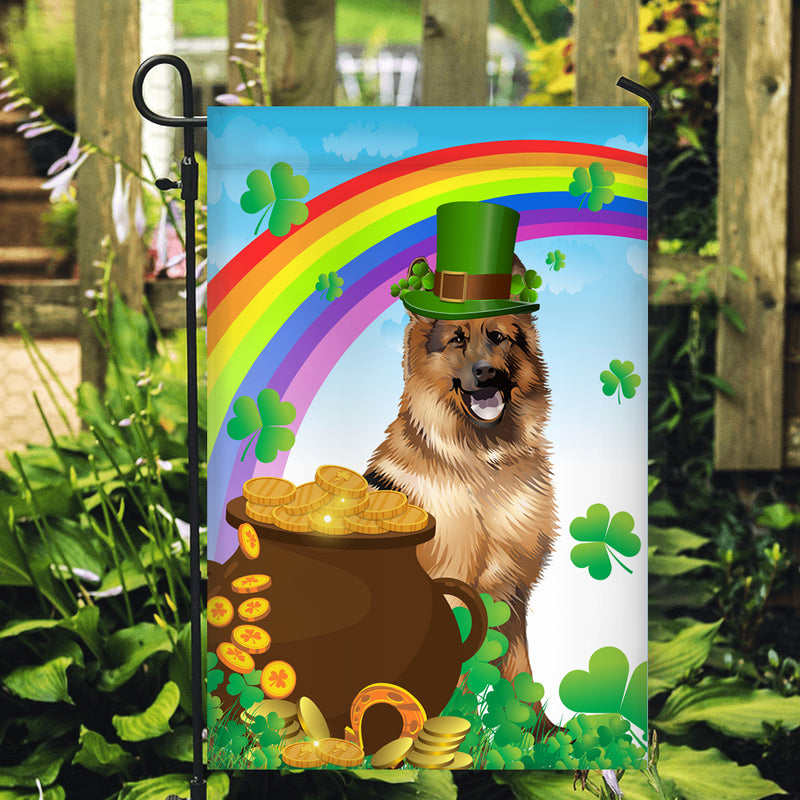 German Shepherd St Patrick s Day Dog Flag Funny Peeking Dog Wear Green Hat Golden Pot Coin Shamrock Rainbow Spring Banner for Home Decor Garden Flag mockup 2 800x.jpg