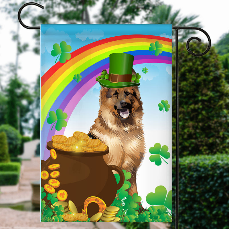 German Shepherd St Patrick s Day Dog Flag Funny Peeking Dog Wear Green Hat Golden Pot Coin Shamrock Rainbow Spring Banner for Home Decor Garden Flag mockup 3 800x.jpg