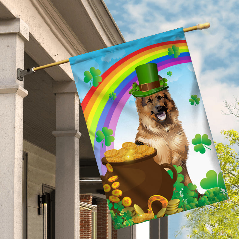 German Shepherd St Patrick s Day Dog Flag Funny Peeking Dog Wear Green Hat Golden Pot Coin Shamrock Rainbow Spring Banner for Home Decor House Flag mockup 2 800x.jpg