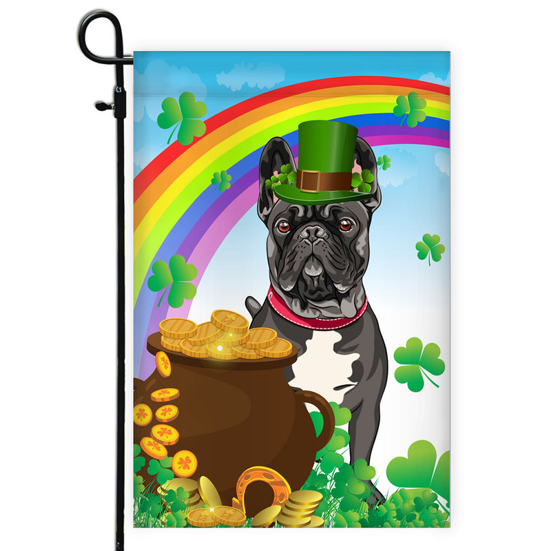 French Bulldog St Patrick s Day Dog Flag Funny Peeking Dog Wear Green Hat Golden Pot Coin Shamrock Rainbow Spring Banner for Home Decor Garden Flag mockup 1 800x.jpg